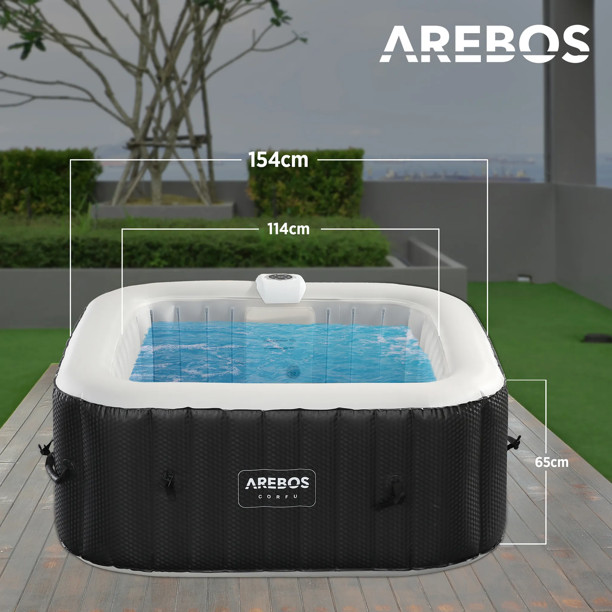 AREBOS Whirlpool, In- & Outdoor, mit LED, aufblasbar, quadratisch, 600 L, 4 Personen, 154 x 154 cm, 100 Massagedüsen, mit Heizung, Inkl. Abdeckung