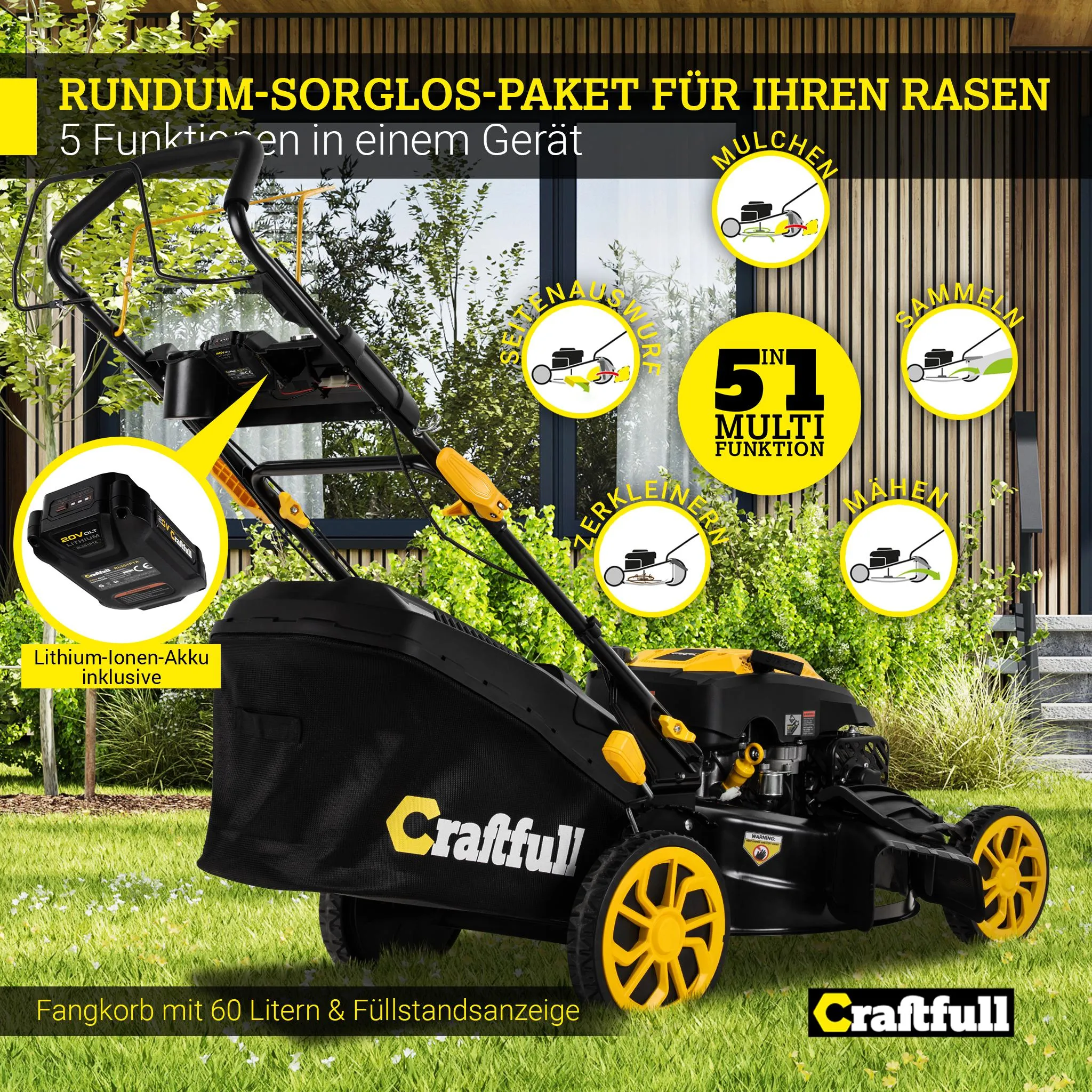 Craftfull Benzin Rasenmäher | 4-in-1 - 190 ccm Motor - 53 cm Schnittbreite - 6 PS - Elektrostarter - Mulchfunktion - Seitenauswurf - 60 Liter Fangkorb – Bild 5