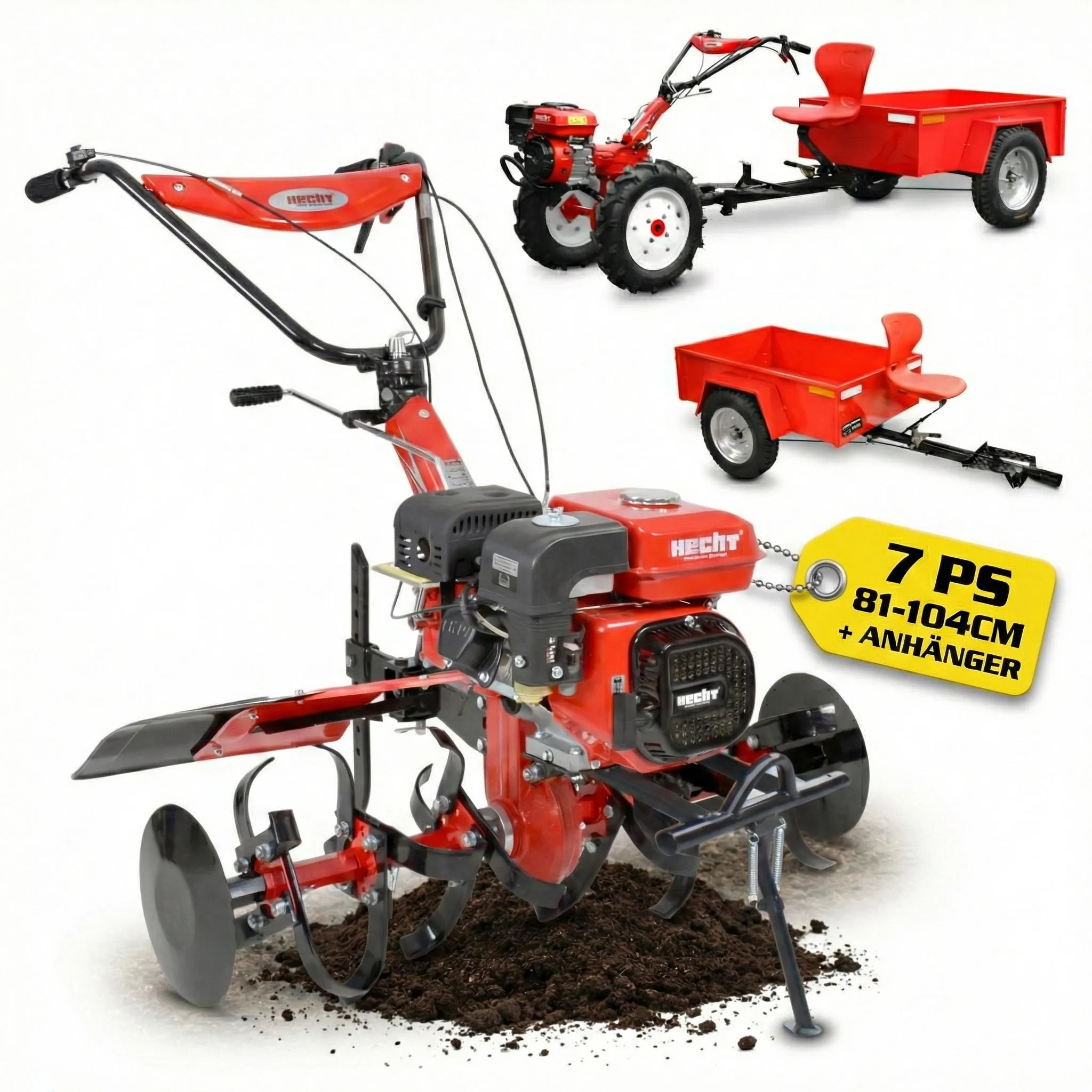 HECHT 7100 Motorhacke Benzin | mit Anhänger | Kupplung | Räder | 104 cm Arbeisbtreite | 7 PS