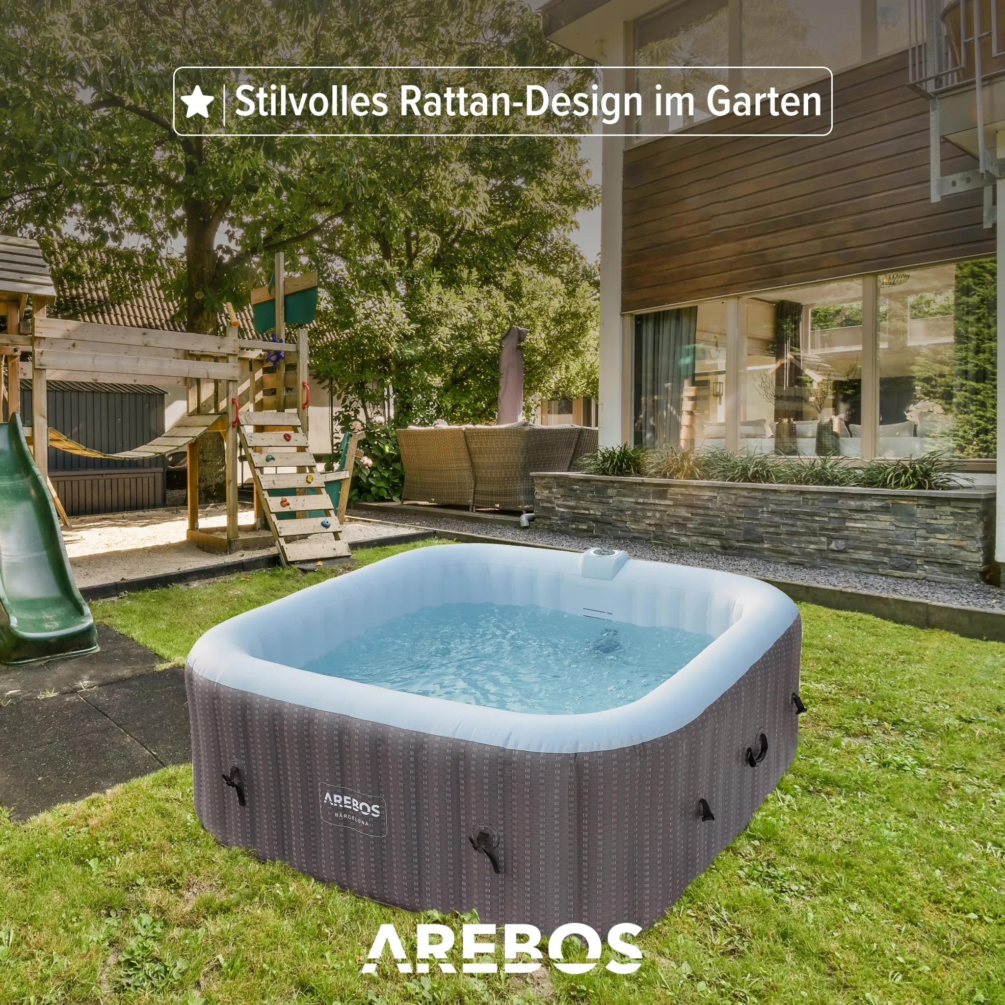 AREBOS Aufblasbarer Whirlpool "Barcelona", 185x185 cm, In- & Outdoor, mit Heizung, 910 Liter, Inkl. Abdeckung, Bubble Spa & Wellness Massage 6 Person – Bild 4
