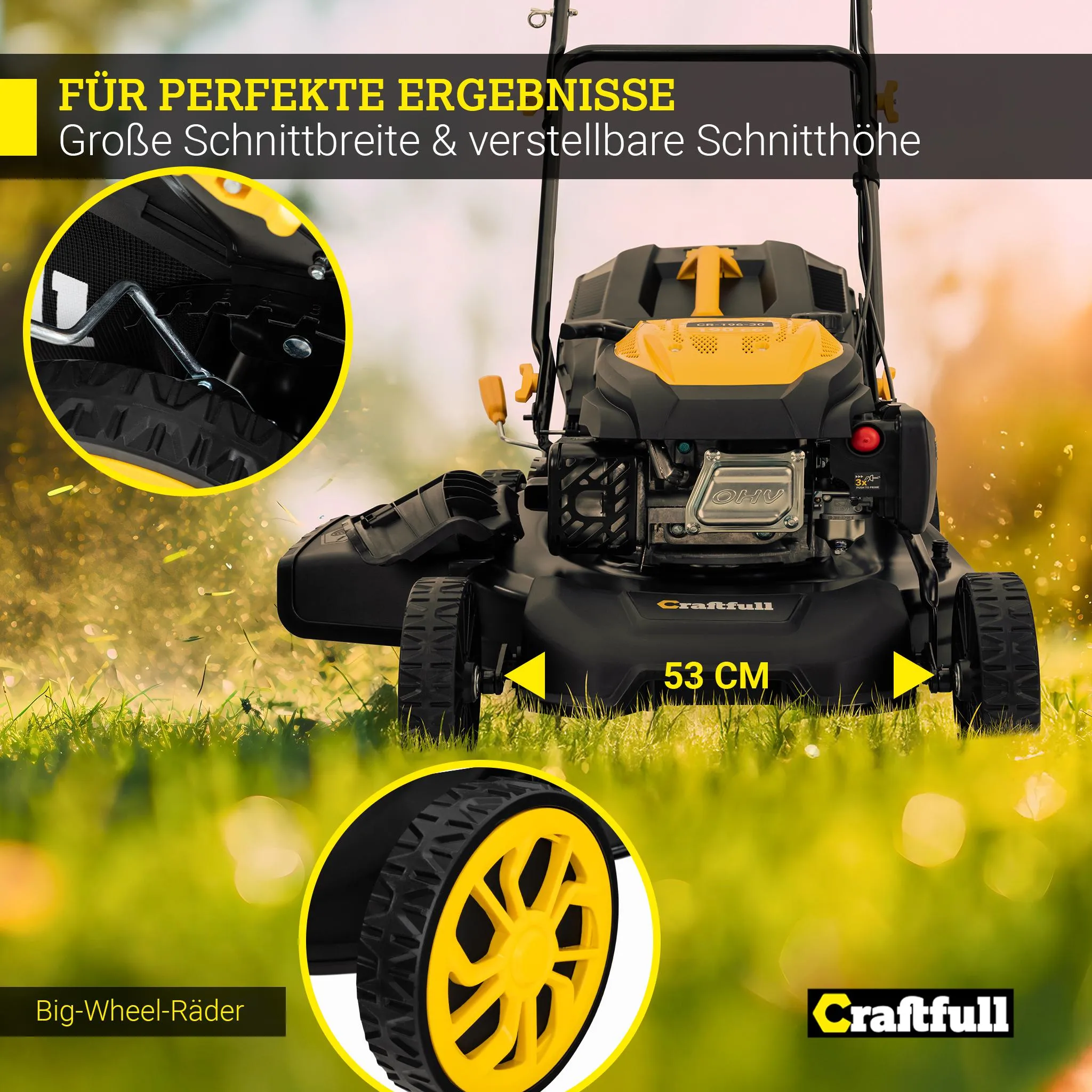 Craftfull Benzin Rasenmäher | 4-in-1 - 190 ccm Motor - 53 cm Schnittbreite - 6 PS - Elektrostarter - Mulchfunktion - Seitenauswurf - 60 Liter Fangkorb – Bild 6