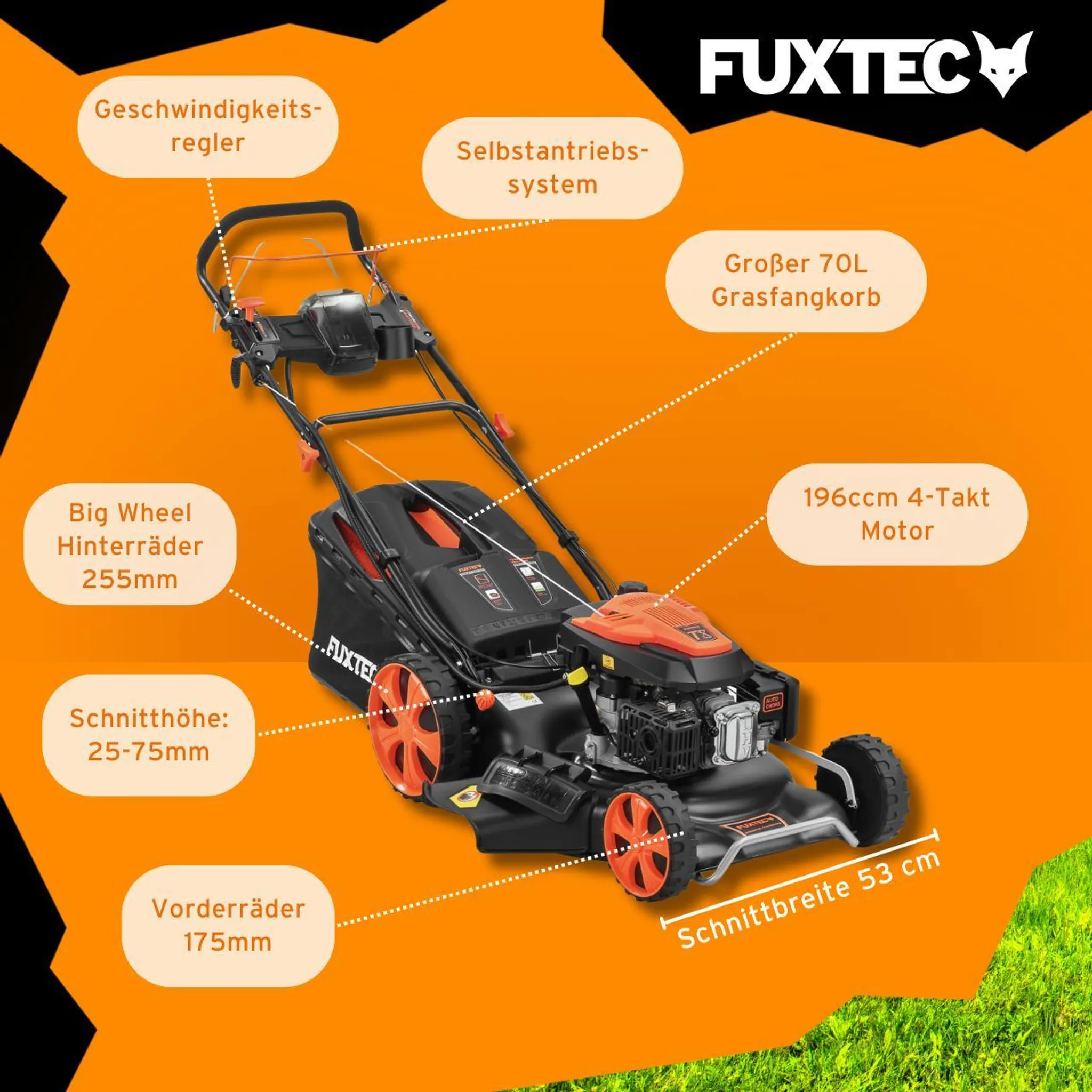 FUXTEC 4in1 Benzin Rasenmäher FX-RM5396es-PRO - 196ccm | 53cm | 42Kg | E-Start | Selbstantrieb | 70L | Mulchfunktion | 4-Tackt | Seitenauswurf – Bild 6