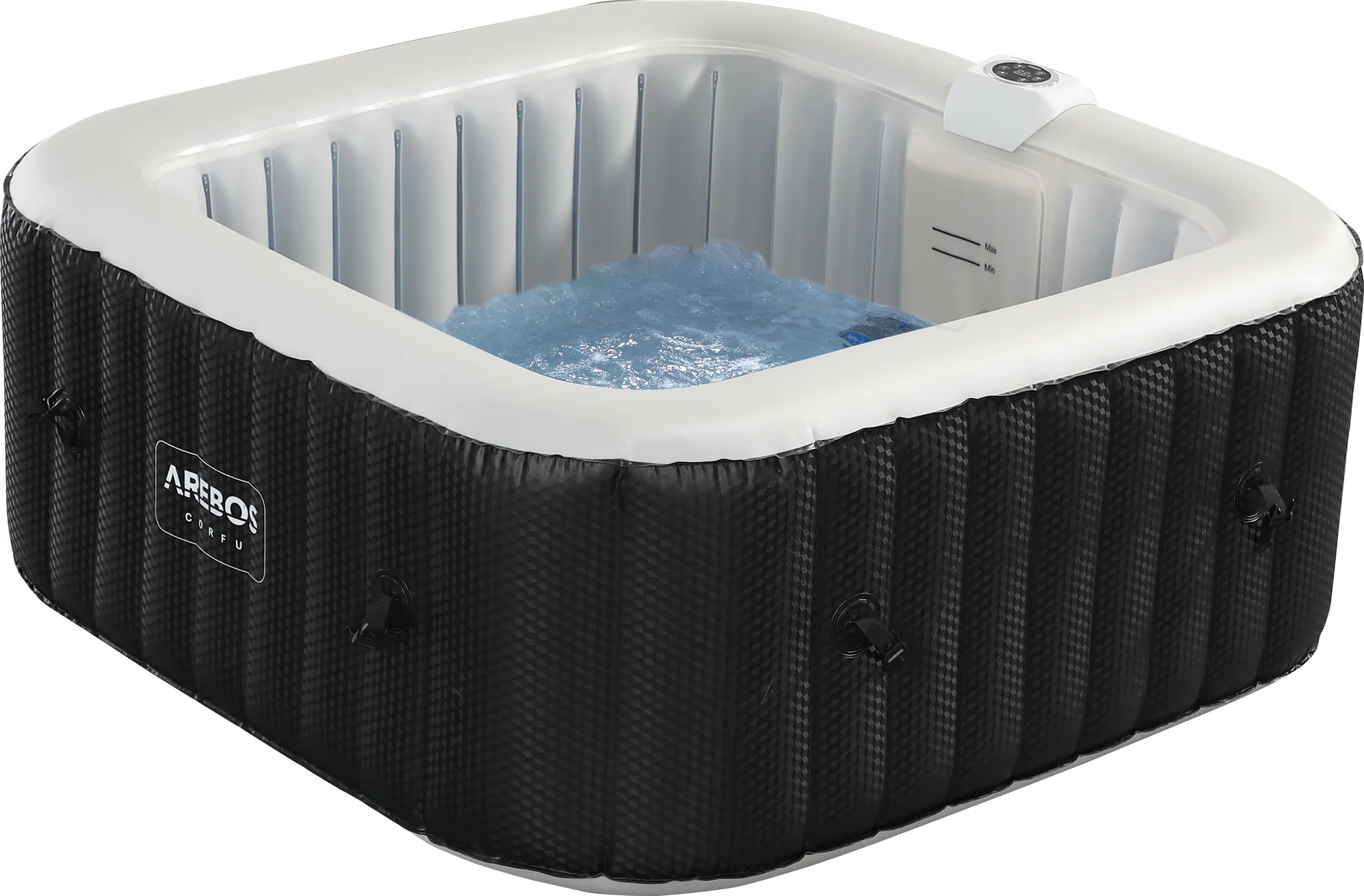 AREBOS Whirlpool, In- & Outdoor, mit LED, aufblasbar, quadratisch, 600 L, 4 Personen, 154 x 154 cm, 100 Massagedüsen, mit Heizung, Inkl. Abdeckung – Bild 9