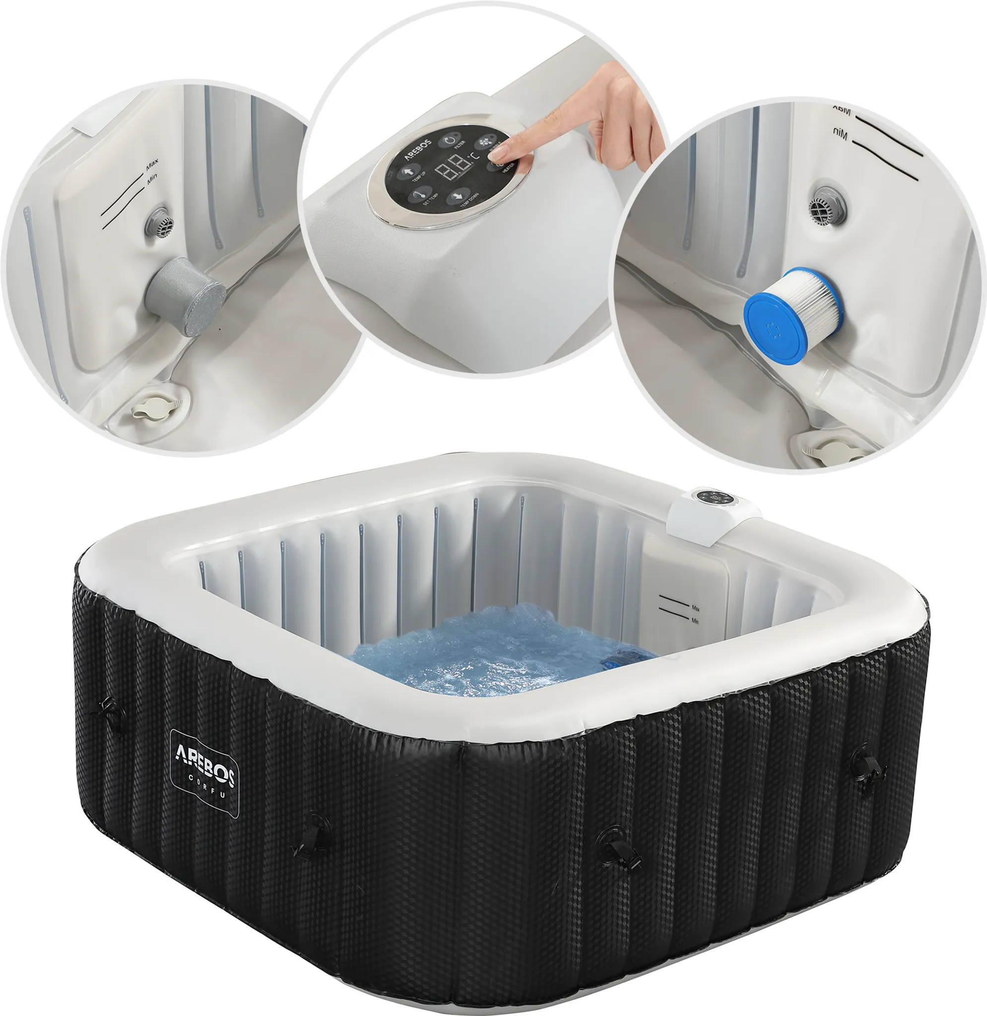 AREBOS Whirlpool, In- & Outdoor, mit LED, aufblasbar, quadratisch, 600 L, 4 Personen, 154 x 154 cm, 100 Massagedüsen, mit Heizung, Inkl. Abdeckung – Bild 7