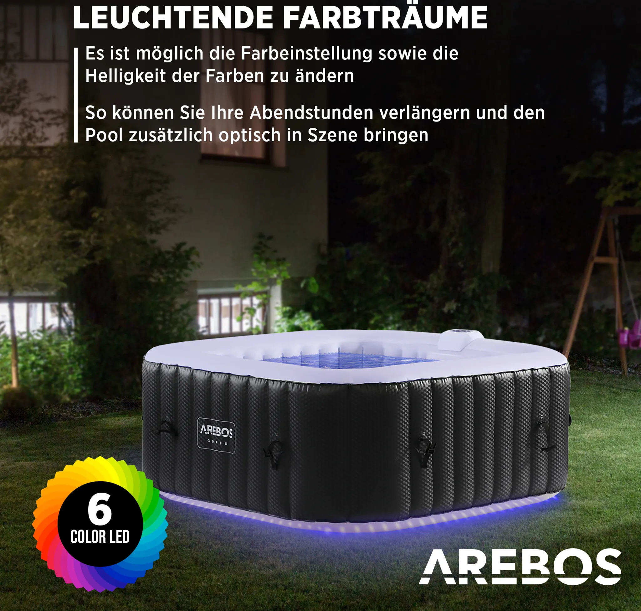 AREBOS Whirlpool, In- & Outdoor, mit LED, aufblasbar, quadratisch, 600 L, 4 Personen, 154 x 154 cm, 100 Massagedüsen, mit Heizung, Inkl. Abdeckung – Bild 6
