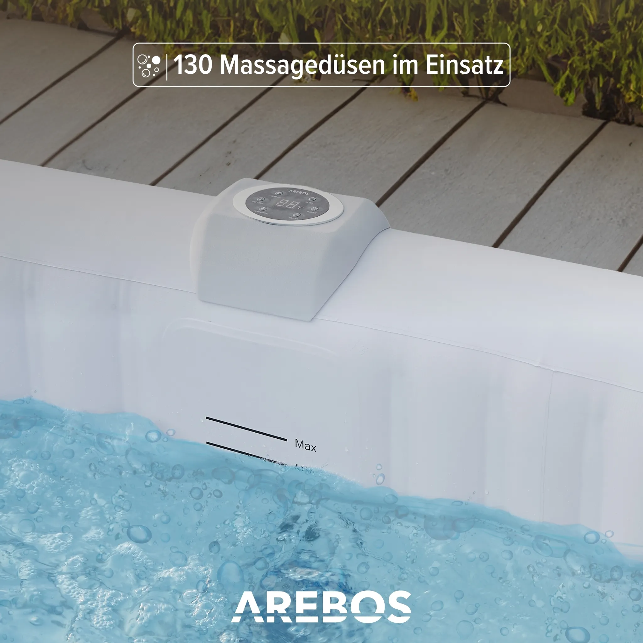 AREBOS Aufblasbarer Whirlpool "Barcelona", 185x185 cm, In- & Outdoor, mit Heizung, 910 Liter, Inkl. Abdeckung, Bubble Spa & Wellness Massage 6 Person – Bild 7