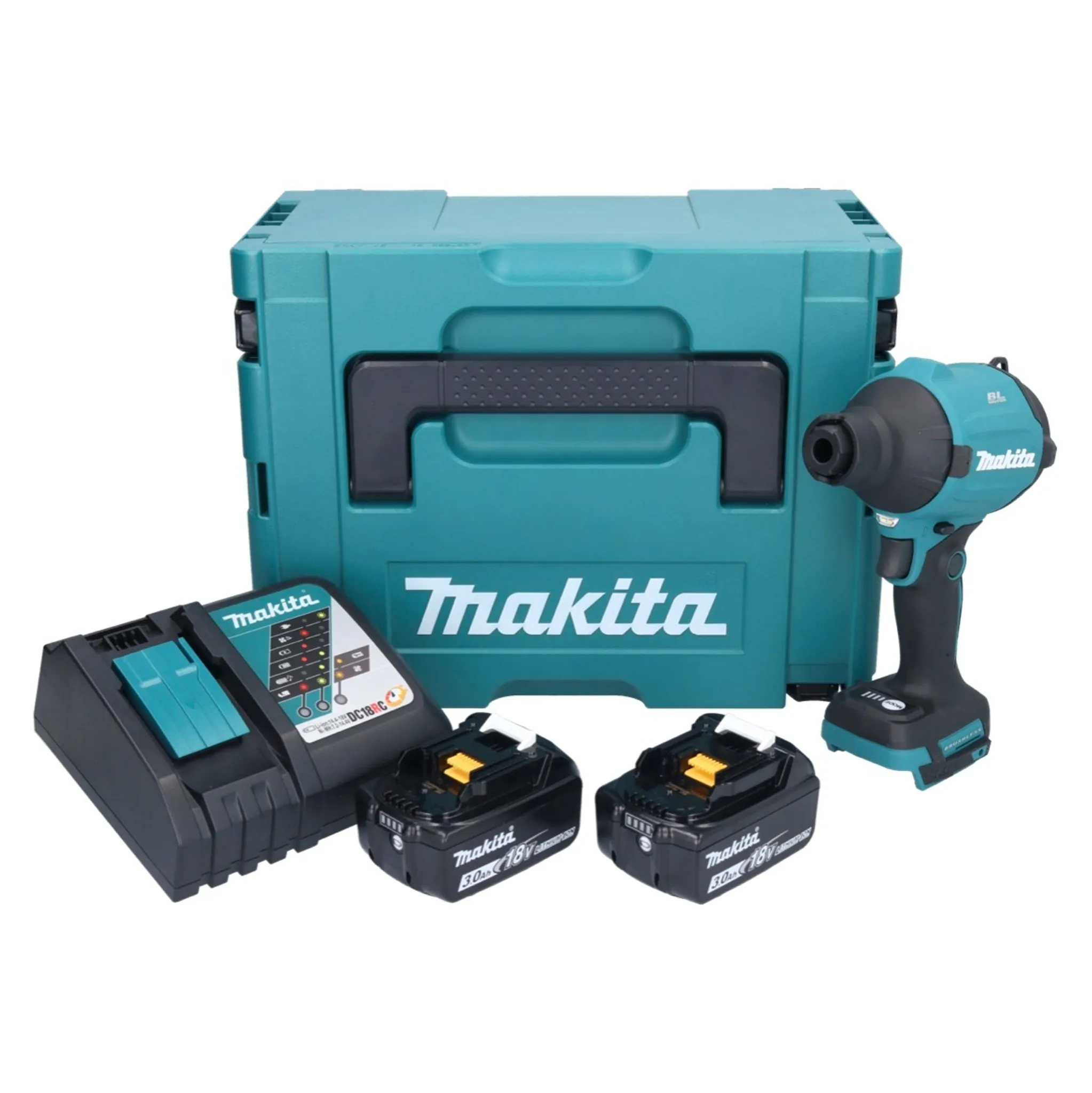 Makita DAS 180 RFJ Akku Gebläse 18 V Brushless + 2x Akku 3,0 Ah + Ladegerät + Makpac