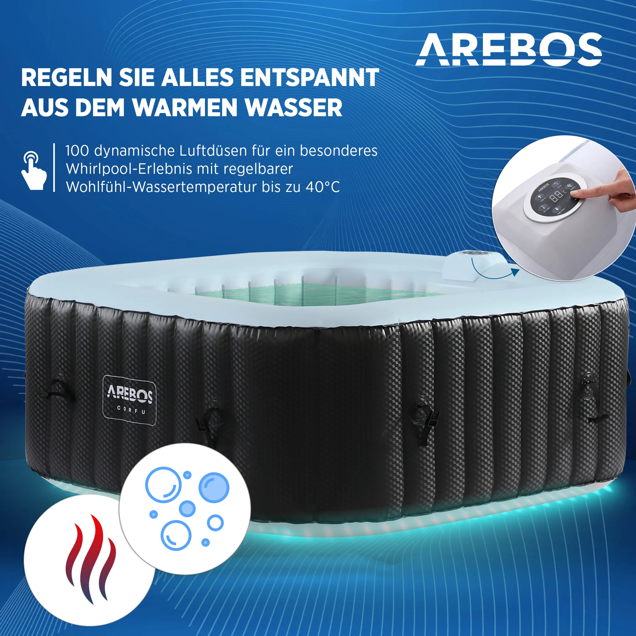 AREBOS Whirlpool, In- & Outdoor, mit LED, aufblasbar, quadratisch, 600 L, 4 Personen, 154 x 154 cm, 100 Massagedüsen, mit Heizung, Inkl. Abdeckung – Bild 5
