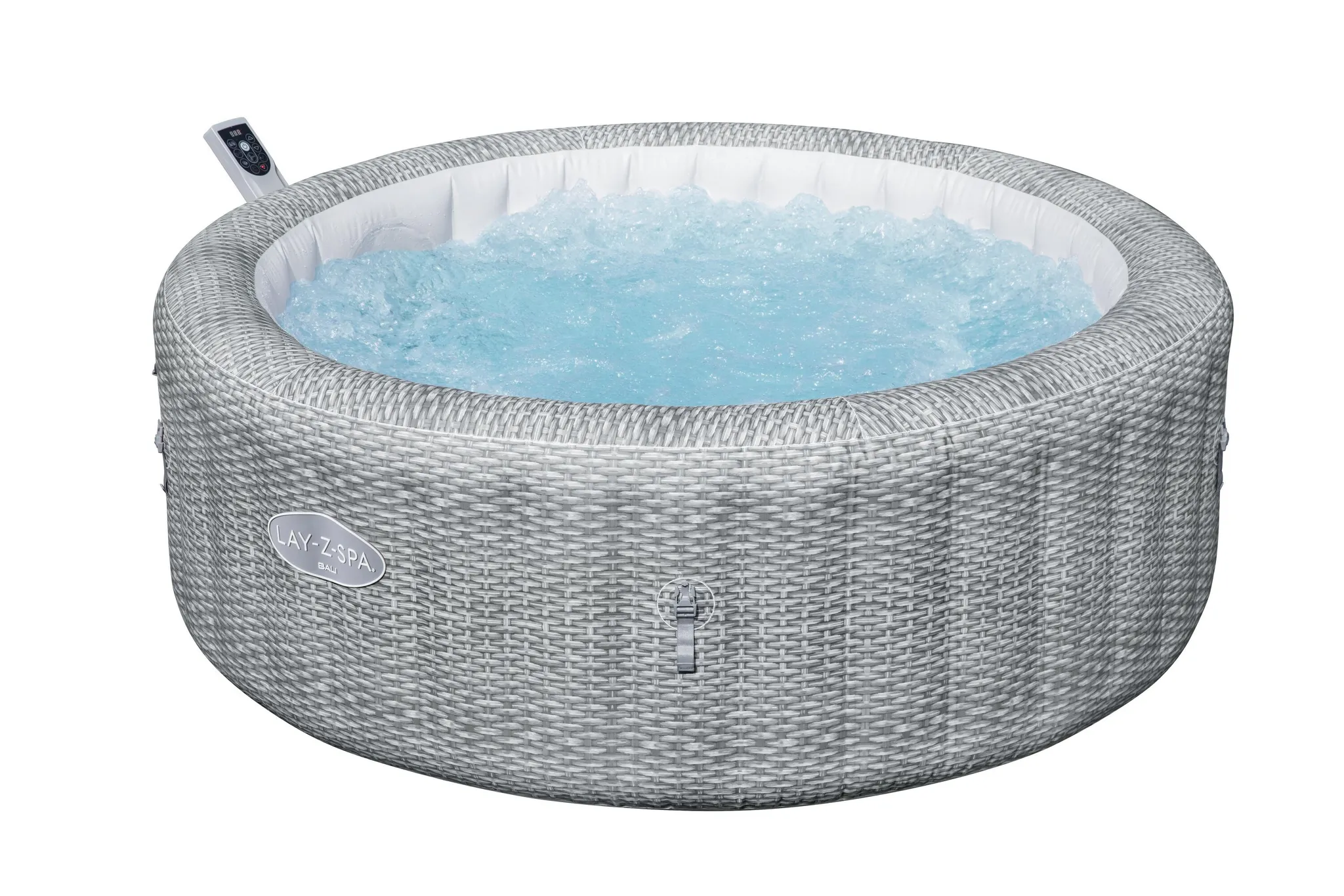 Bestway® LAY-Z-SPA® Energiespar-Whirlpool Bali AirJet™ mit App-Steuerung + integrierter UltraFit™ -Pumpeneinheit, für 6 Personen Ø 196 x 71 cm, Rattan-Optik (Lichtgrau)
