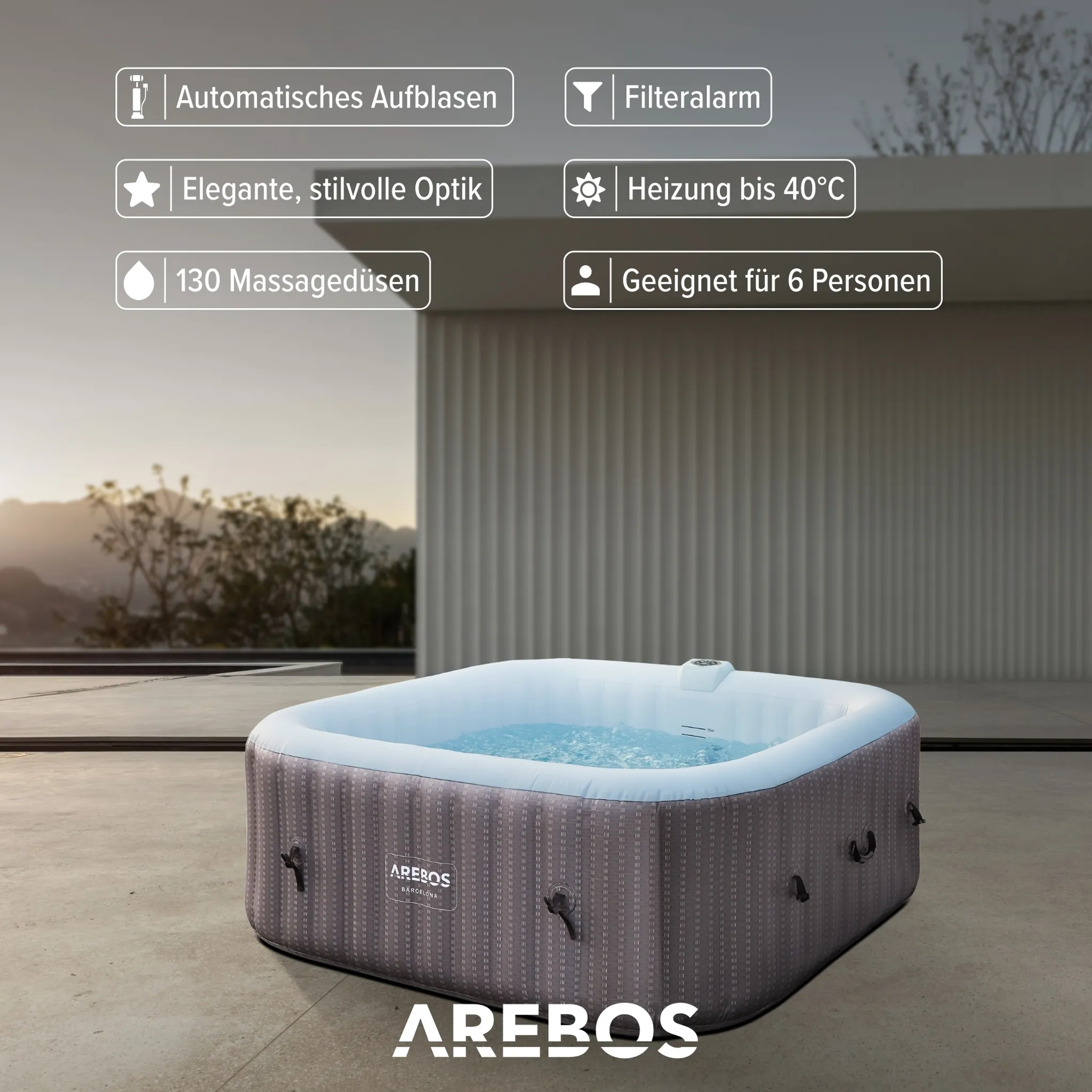 AREBOS Aufblasbarer Whirlpool "Barcelona", 185x185 cm, In- & Outdoor, mit Heizung, 910 Liter, Inkl. Abdeckung, Bubble Spa & Wellness Massage 6 Person – Bild 5