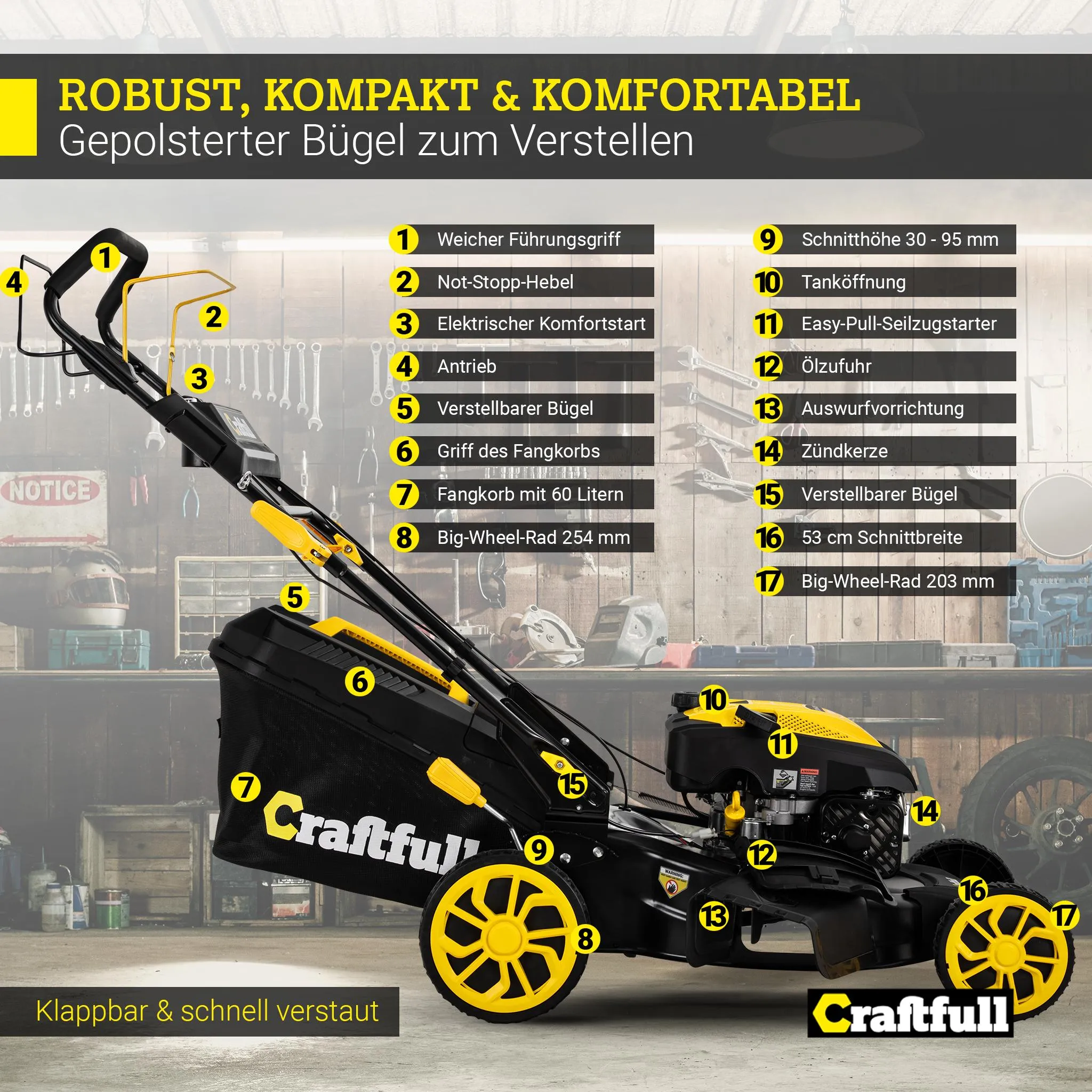 Craftfull Benzin Rasenmäher | 4-in-1 - 190 ccm Motor - 53 cm Schnittbreite - 6 PS - Elektrostarter - Mulchfunktion - Seitenauswurf - 60 Liter Fangkorb – Bild 8