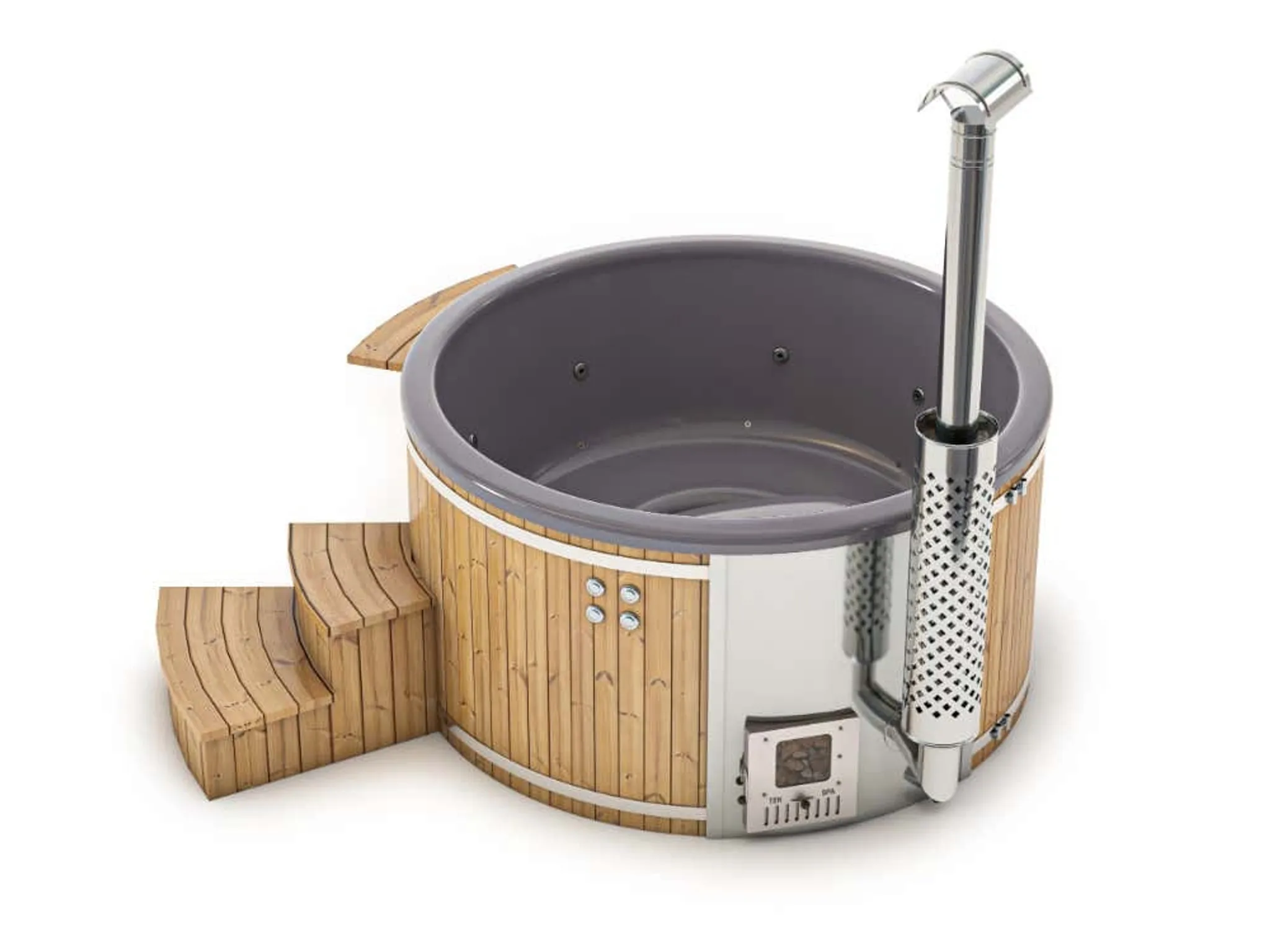 Finntherm Holz Badefass Stockholm aus Thermoholz, Whirlpool, Hot Tub Ø 180 cm, in Anthrazit, 8 Personen, inkl. Edelstahl-Ofen (30 kW), Schwimmbecken, Badebottich, Sprudelbad