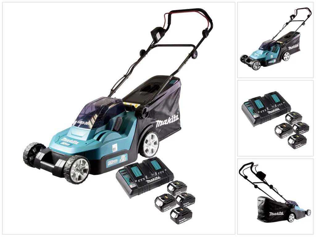 Makita DLM 432 PF4 Akku Rasenmäher 36 V ( 2x 18 V ) 43 cm Brushless + 4x Akku 3,0 Ah + Doppel Ladegerät