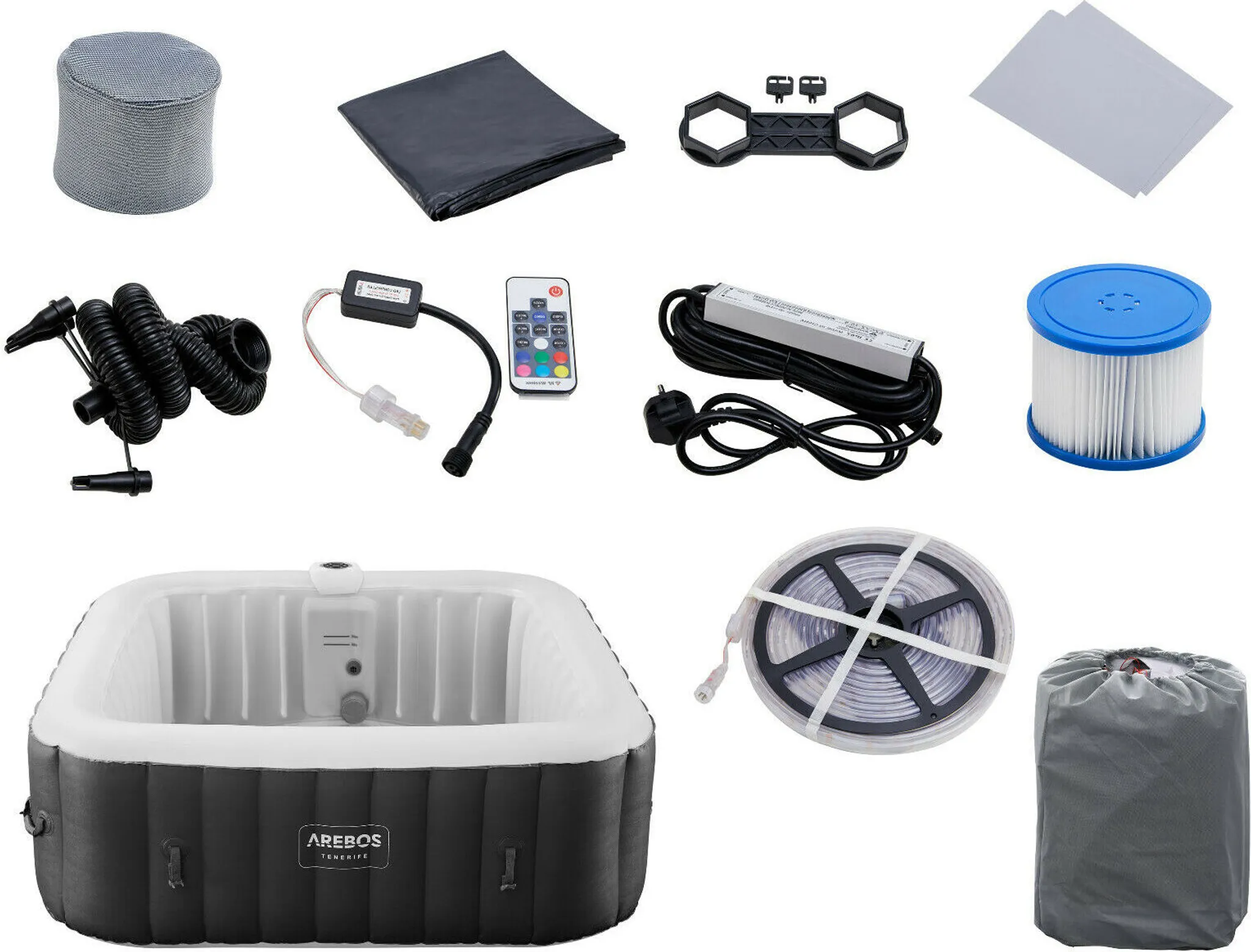 AREBOS Spa Whirlpool 6 Personen | 185x185 cm, 130 Düsen, LED & Bubble Massage – Bild 10