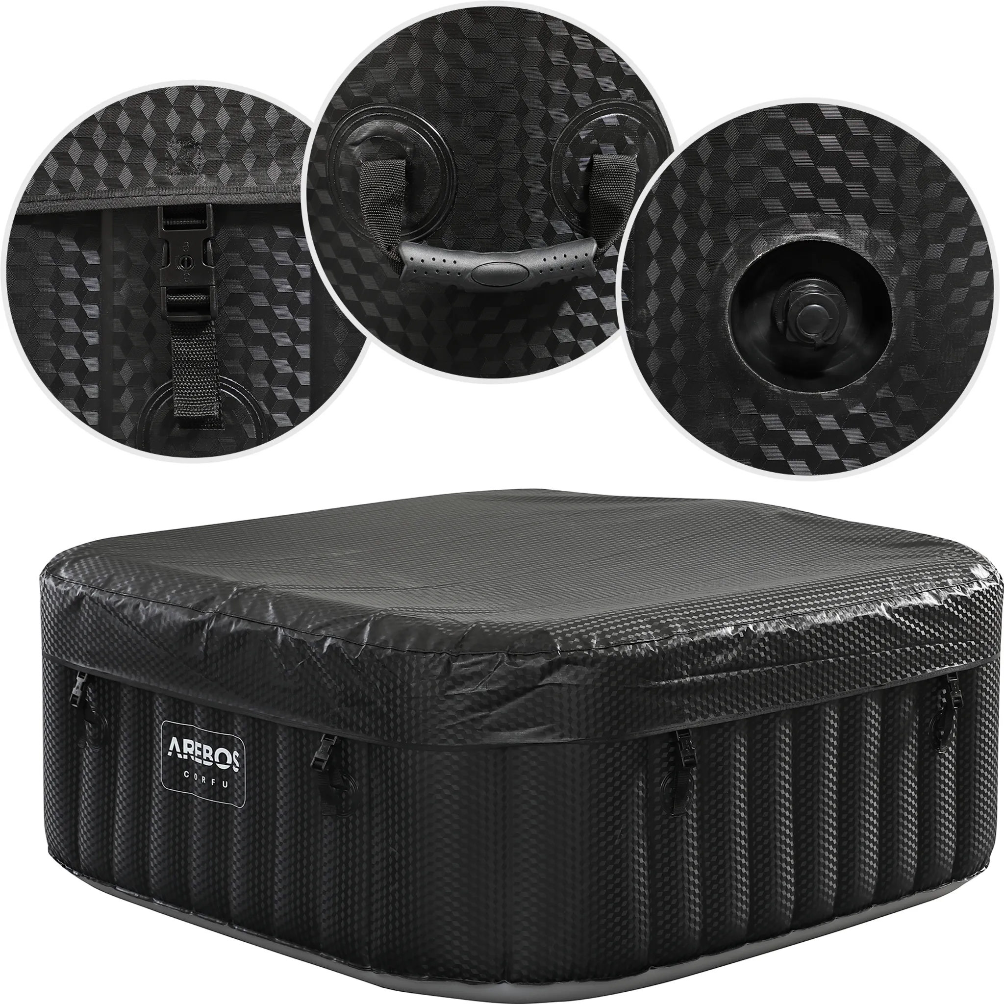 AREBOS Whirlpool, In- & Outdoor, mit LED, aufblasbar, quadratisch, 600 L, 4 Personen, 154 x 154 cm, 100 Massagedüsen, mit Heizung, Inkl. Abdeckung – Bild 8