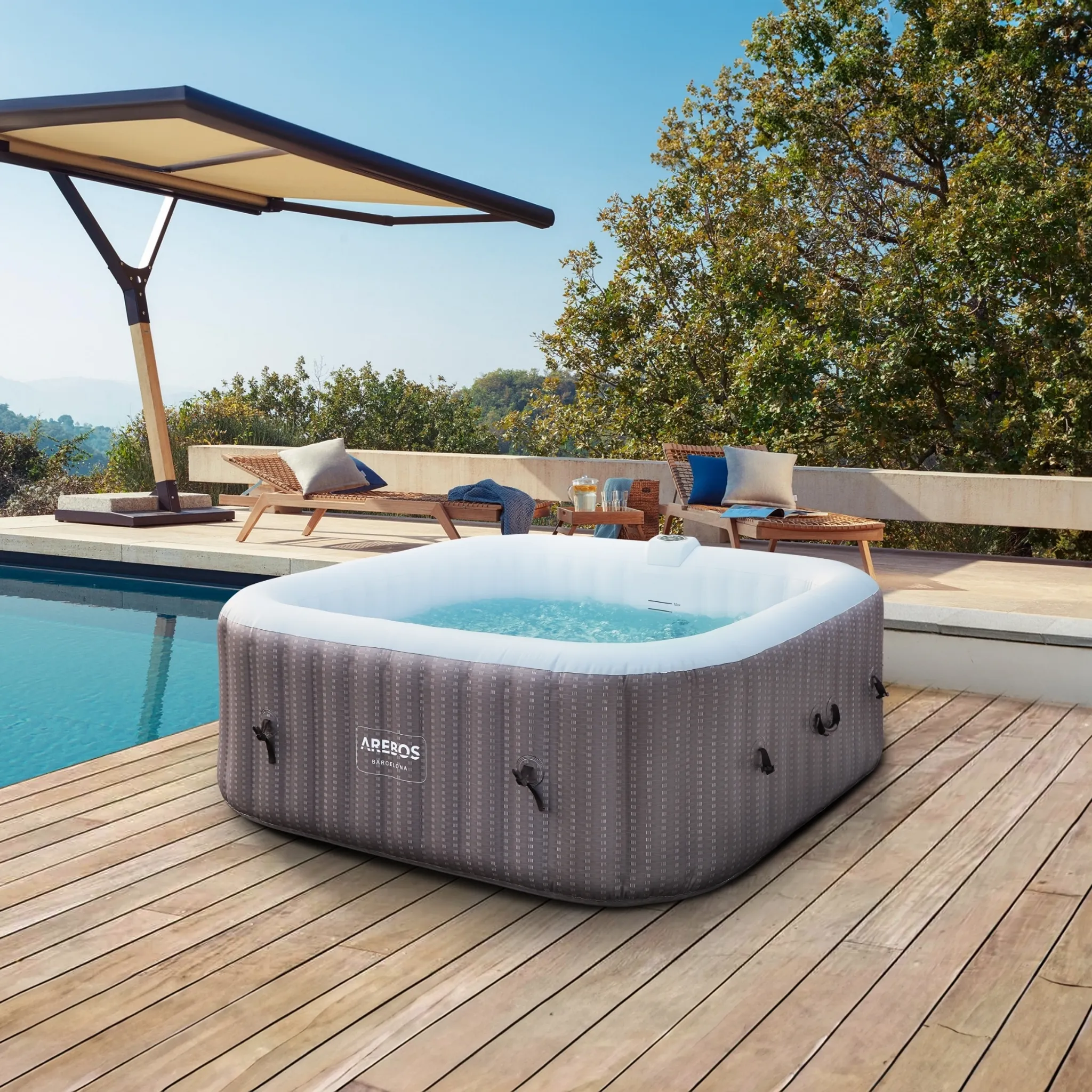 AREBOS Aufblasbarer Whirlpool "Barcelona", 185x185 cm, In- & Outdoor, mit Heizung, 910 Liter, Inkl. Abdeckung, Bubble Spa & Wellness Massage 6 Person – Bild 9
