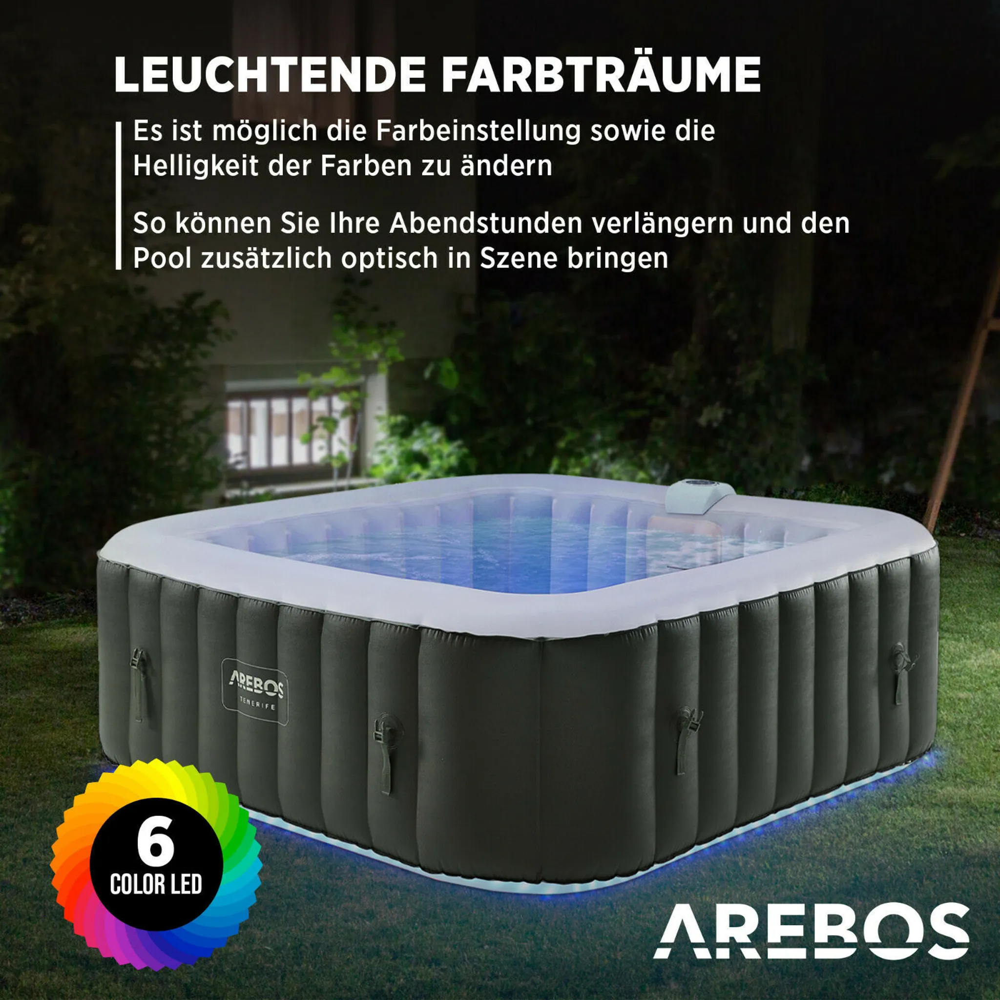 AREBOS Spa Whirlpool 6 Personen | 185x185 cm, 130 Düsen, LED & Bubble Massage – Bild 4